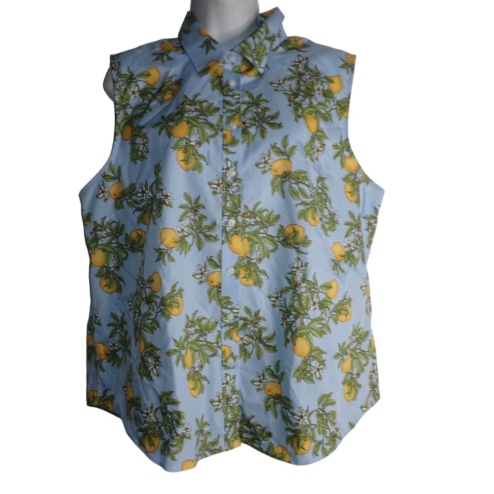 Lands' End Women's Blue Lemon Print Sleeveless Button Down Shirt Size L/P 14-16